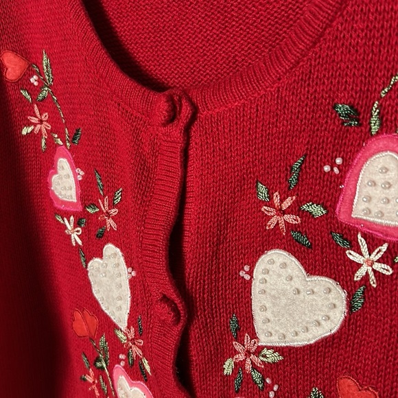 Quacker Factory embroidered  knit cardigan,red button front,hearts,sequins,felt - Picture 3 of 11